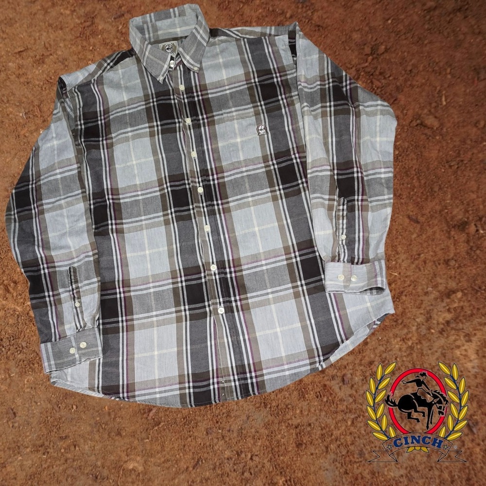 Cinch Mens Plaid Long Sleeve Button Down Shirt Grey XL